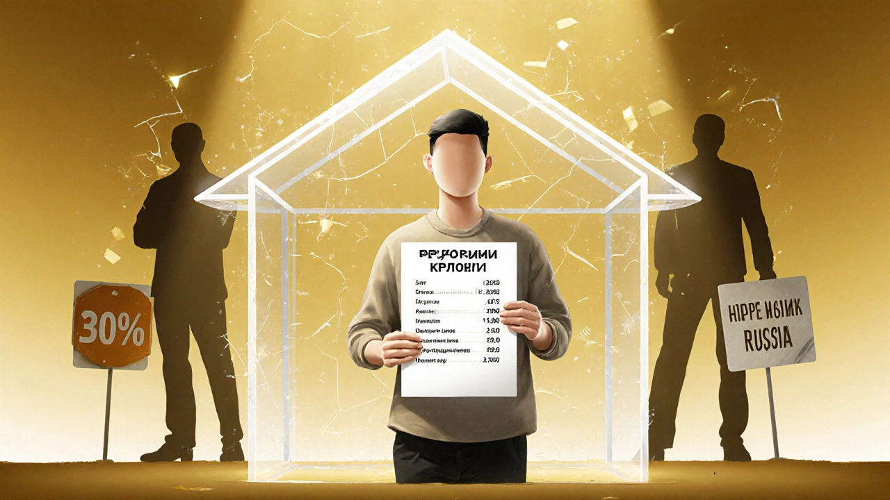 Человек держит прозрачный кредитный документ, а мошенники исчезают за спиной.