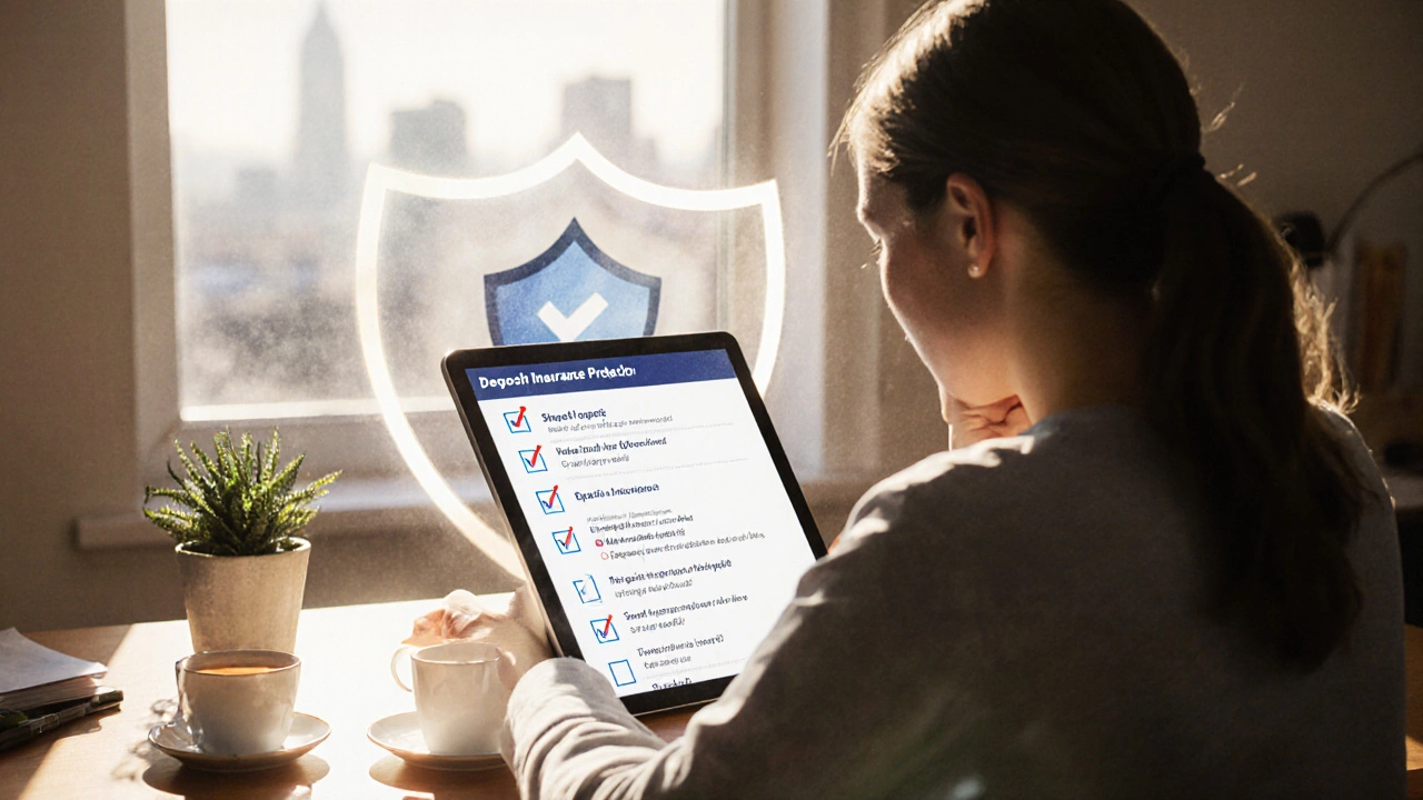 Человек в домашнем офисе проверяет чек‑лист вклада, за ним светящийся щит страхования.