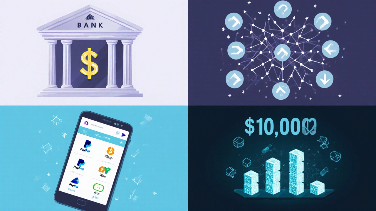 Четыре сцены показывают методы переводов: банковский, ACH, онлайн‑платежи и криптовалюта.