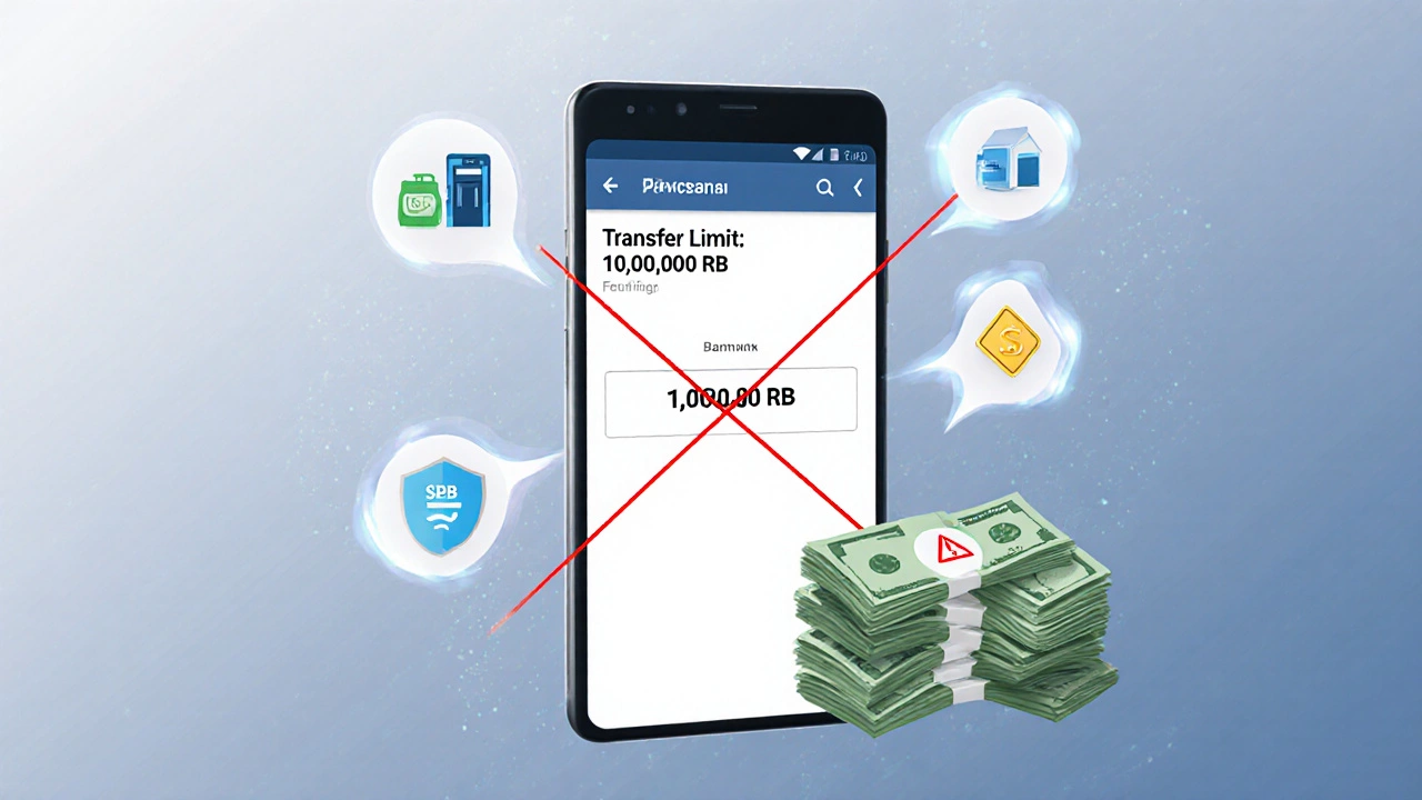 Экран банковского приложения с уведомлением о лимите перевода до 10 миллионов рублей и иконками способов пополнения.