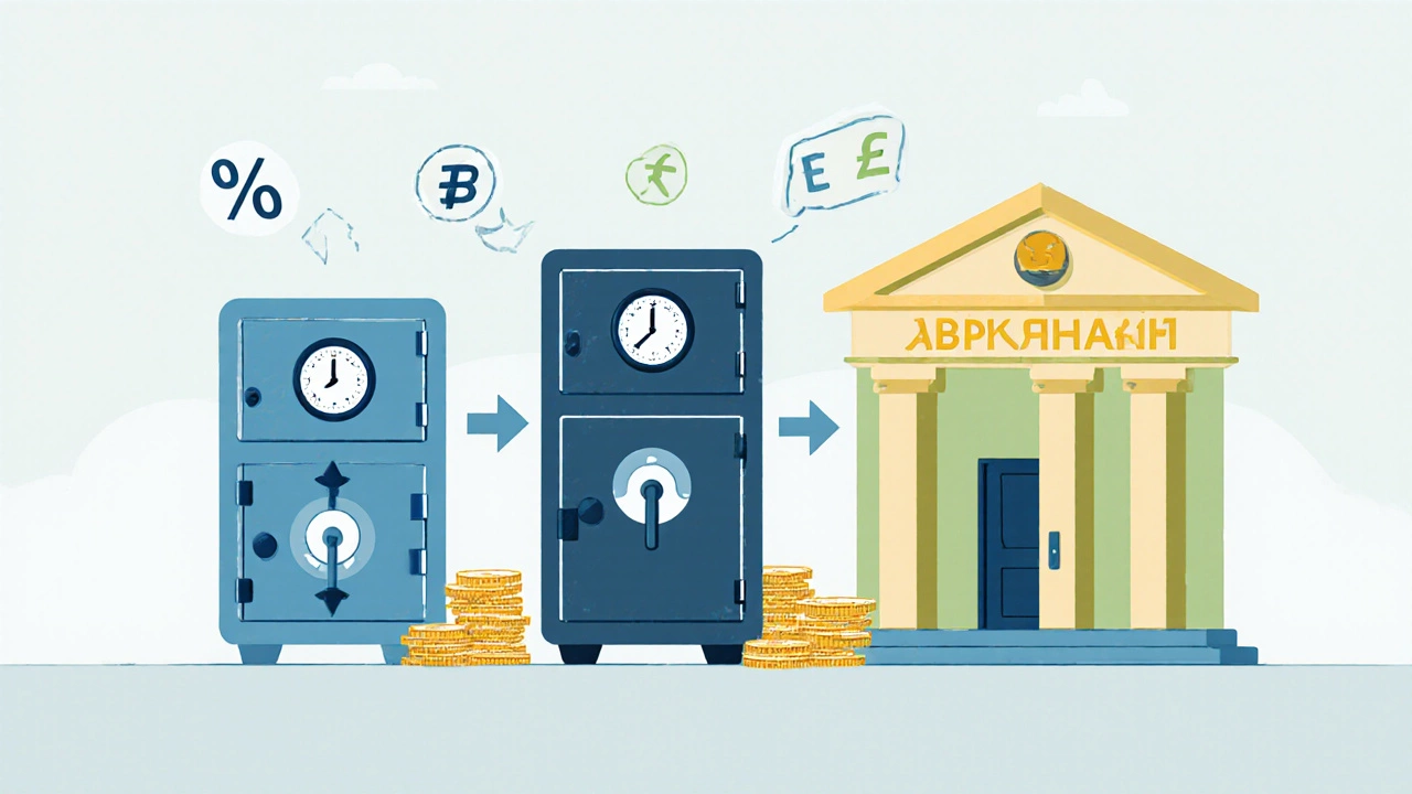 Иллюстрация лестничного вклада с тремя сейфами и двумя банками.