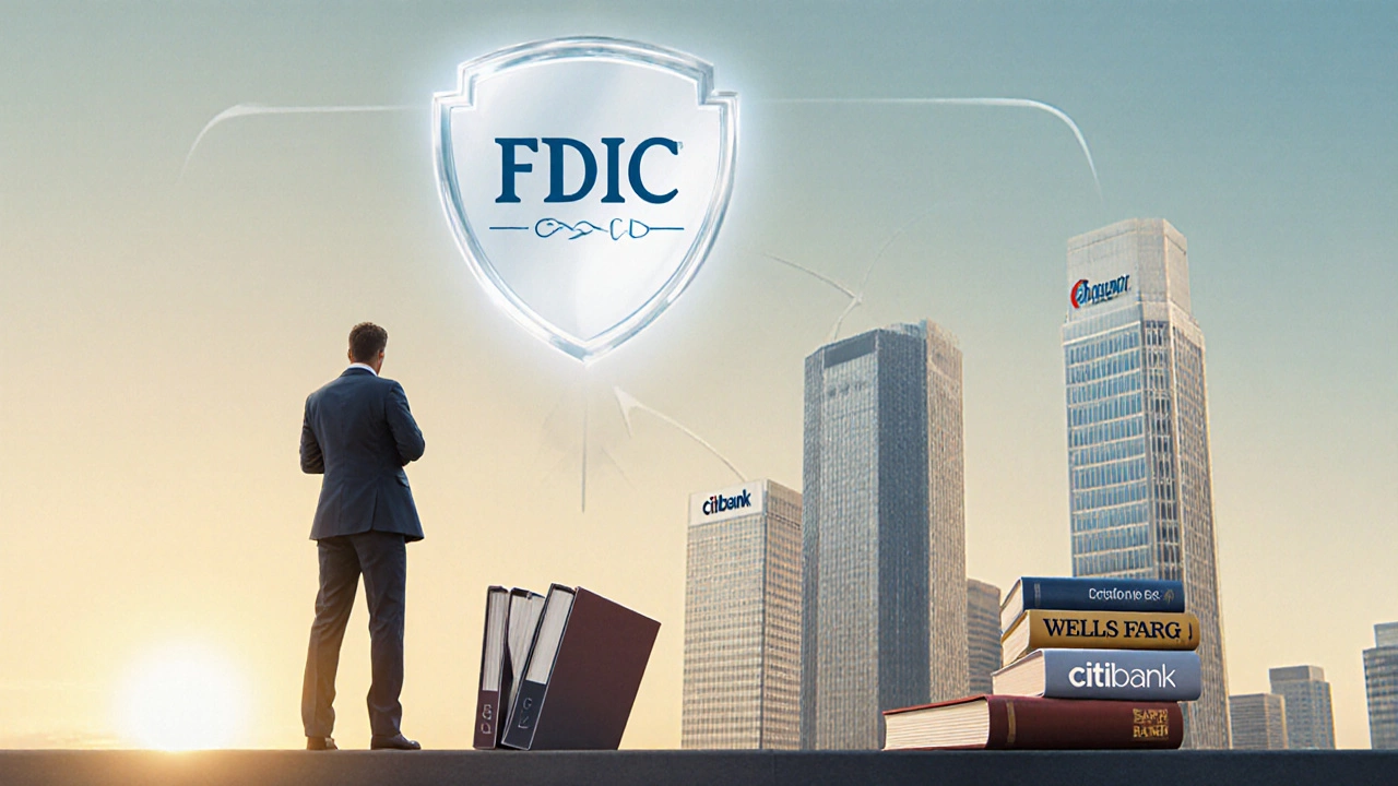 Инвестор перед надежными банками под щитом FDIC, символизирующим безопасность и диверсификацию.