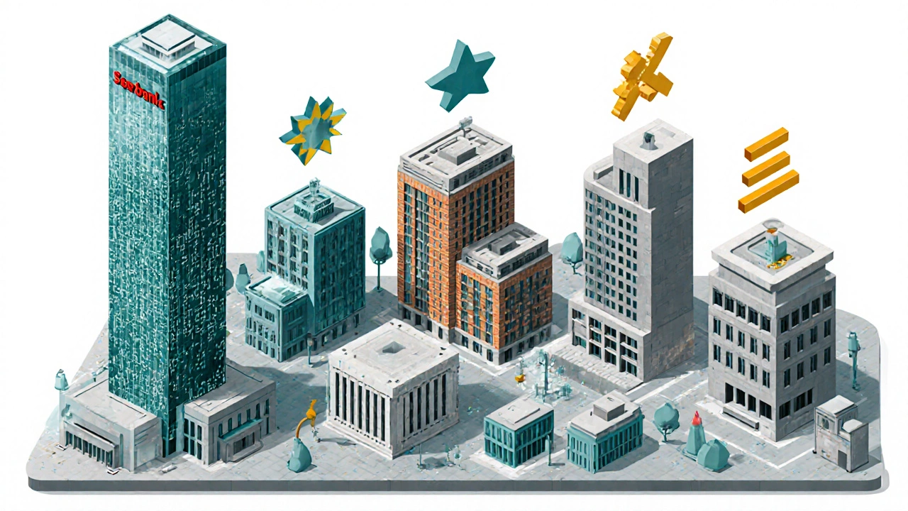 Изометрический вид пяти банковских зданий с символами рейтингов и капитала.