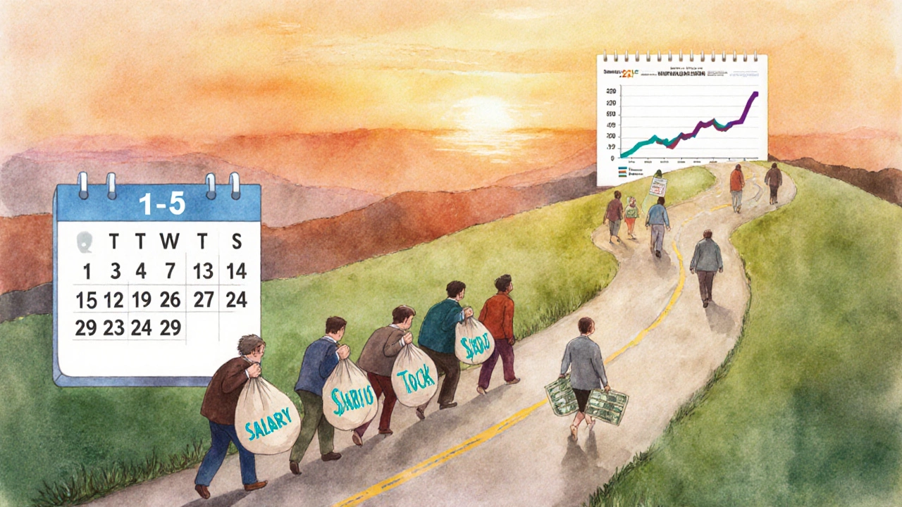 Календарь в виде дороги: начало месяца — подъём, конец — спуск с акциями.