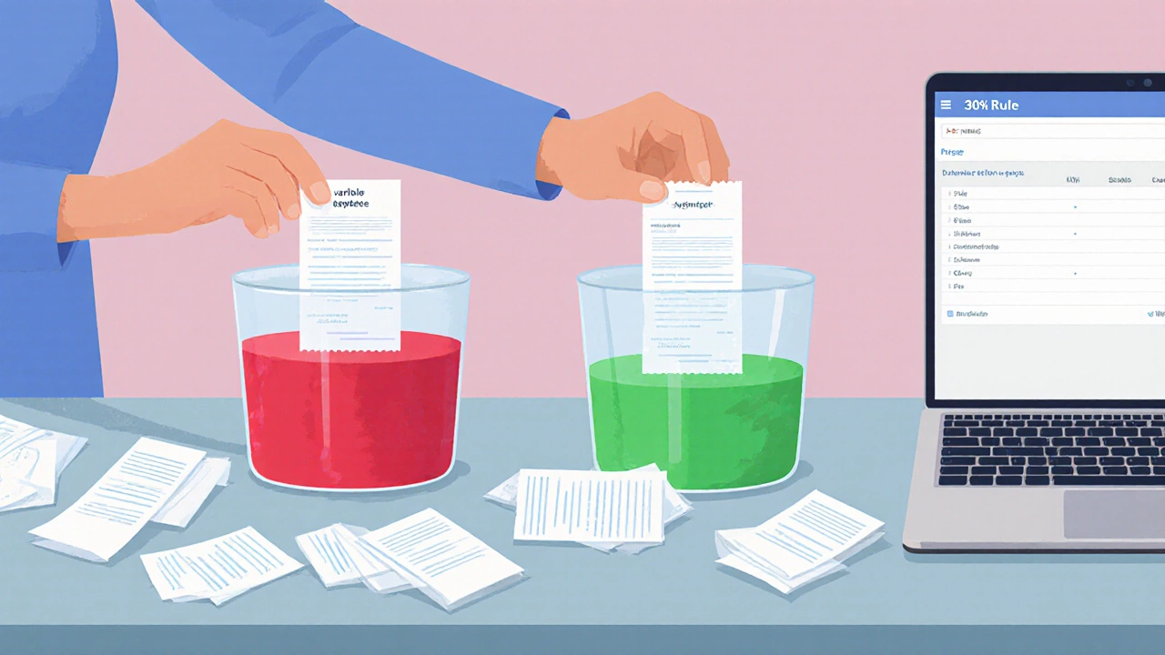 На кухонном столе человек сортирует чеки в две стопки: переменные и фиксированные расходы.