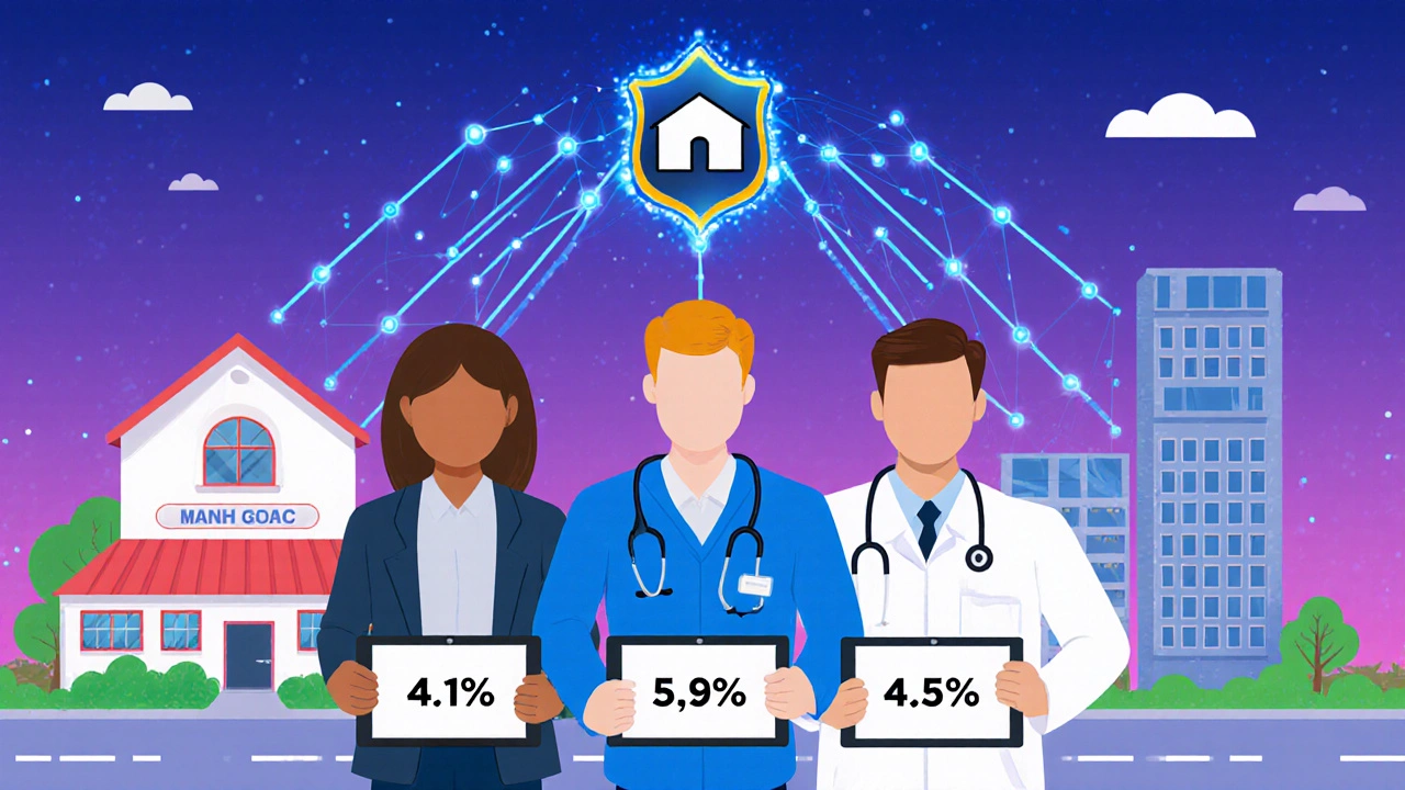 Профессионалы разных сфер смотрят на планы ипотеки на планшетах, вокруг них — их регионы и жильё.