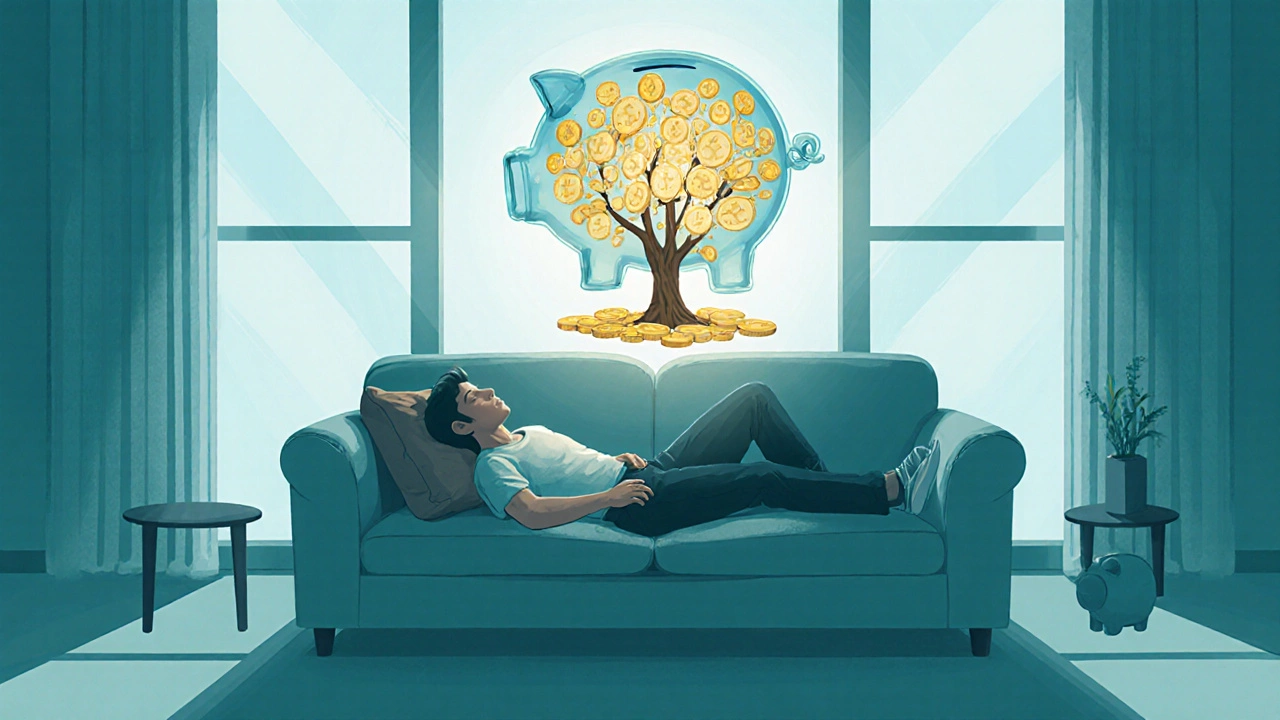 Счастливый человек отдыхает на диване, рядом парящая копилка и дерево из золотых монет символизируют сбережения.