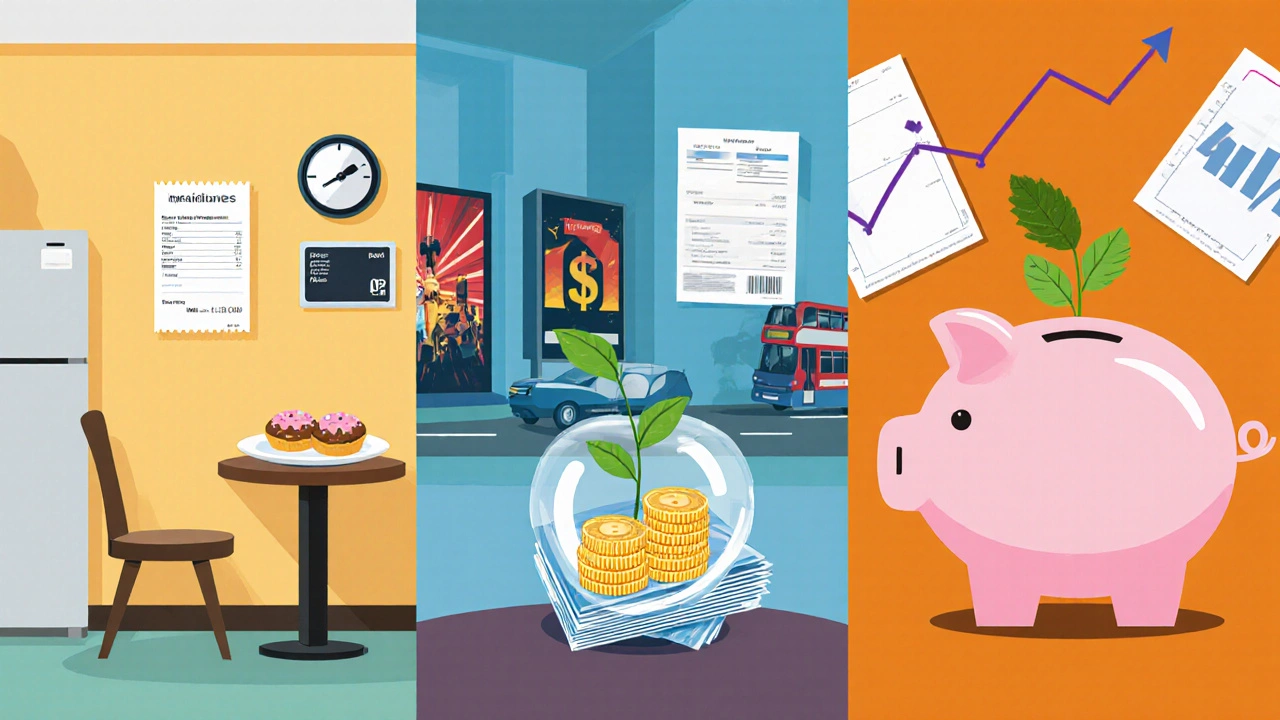 Три панели показывают обязательные расходы, желательные траты и сбережения.