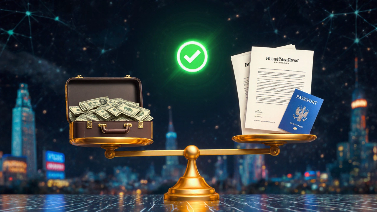 Весы с купюрами и документами, подтверждающими происхождение средств, с зелёной галочкой над документами.