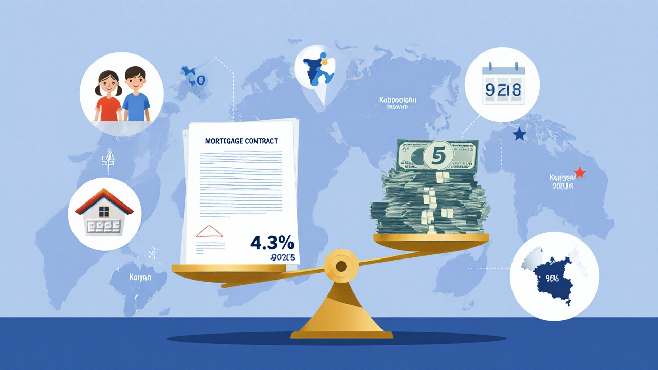 Весы сравнивают ипотечные ставки 4,3% и 9,5% с символами семьи, дома и карты России.