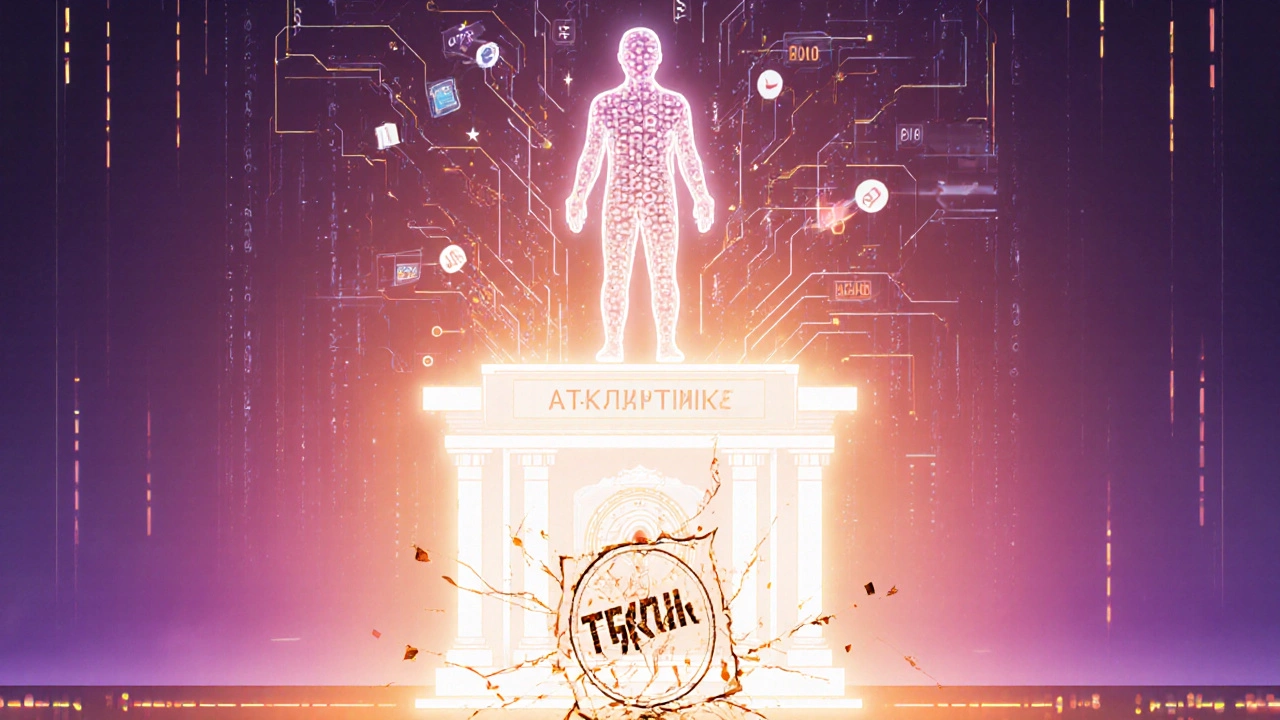 Абстрактная фигура из платежных данных поднимается к банку, разрушая штамп отказа.