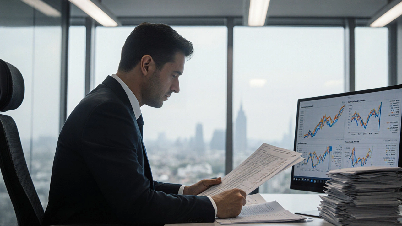 Аудитор в корпоративном офисе проверяет финансовые отчёты под светом офисных ламп.