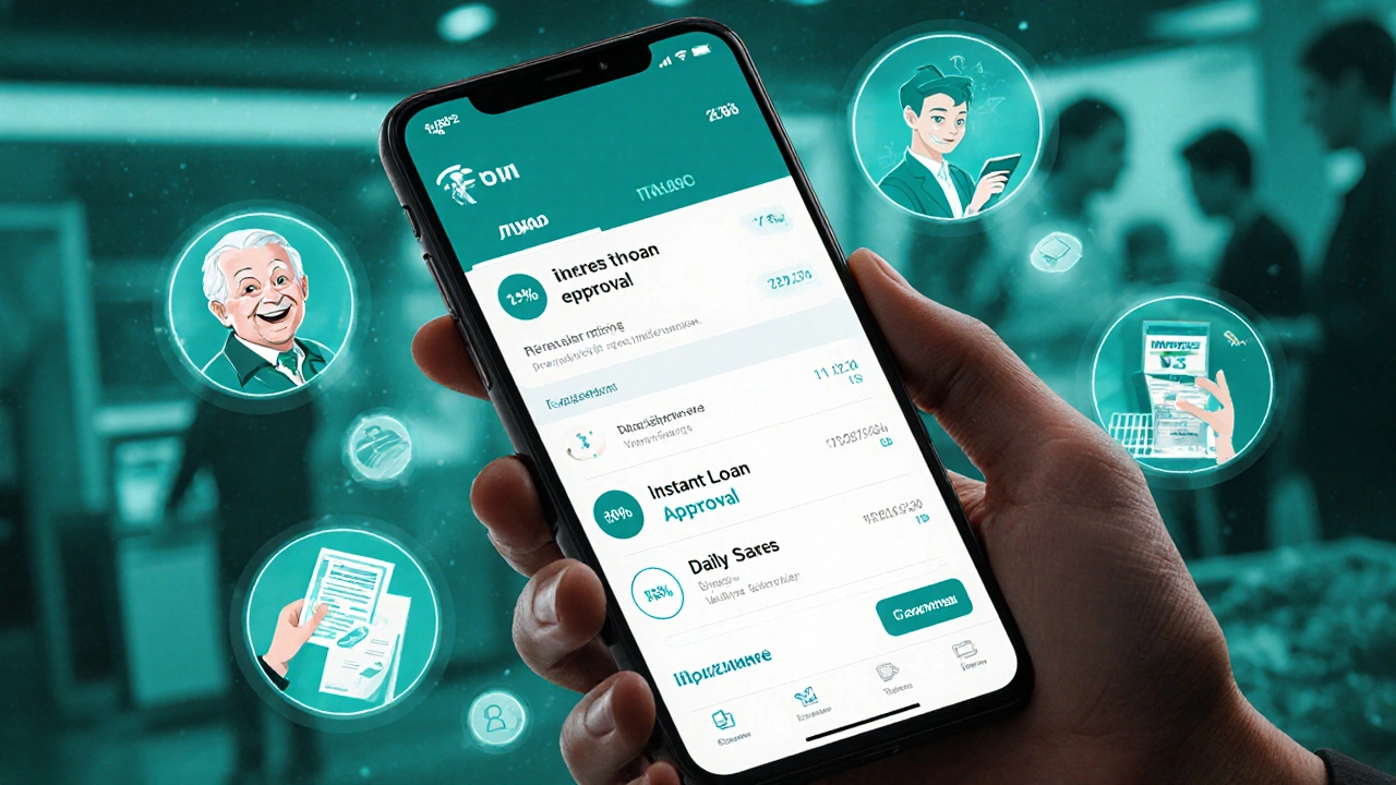 Человек с телефоном, показывающим ИИ-помощника Тинькофф с финансами в воздухе.