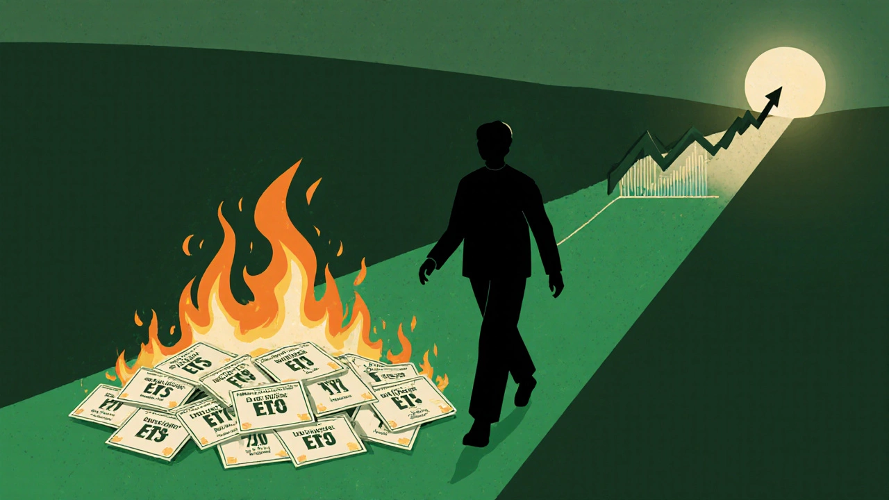 Человек уходит от горящих бумаг, к светлому пути диверсификации и устойчивых инвестиций.