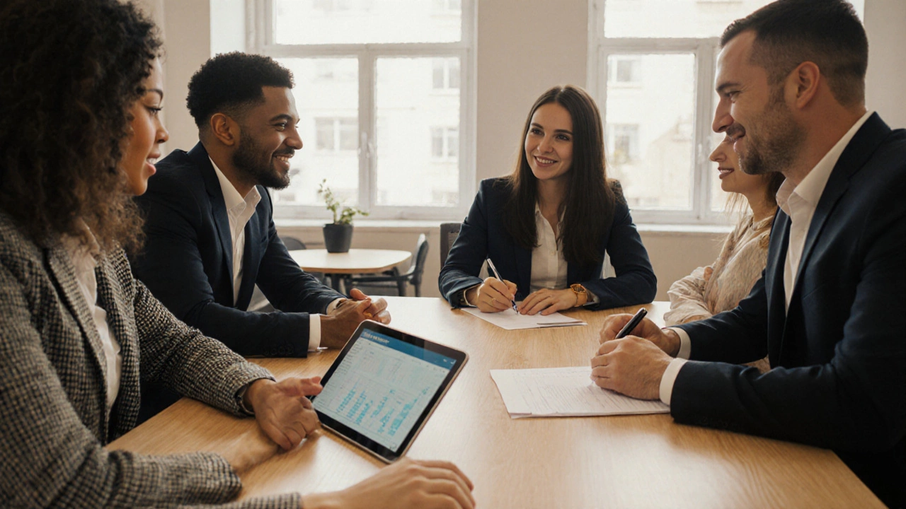 Финансовый консультант консультирует клиентов в уютном рабочем пространстве.