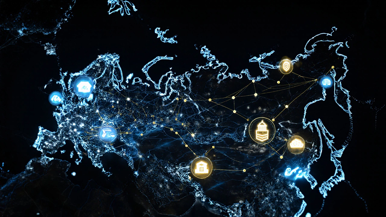 Карта России с сетью банкоматов и цифровых сервисов Сбера, Тинькоффа и ВТБ, подсвеченная светом эффективных банковских решений.