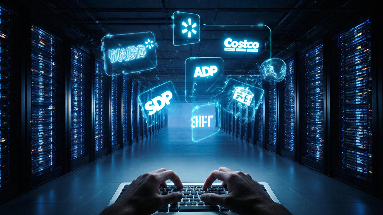 Подземный центр обработки транзакций с серверами и голографическими логотипами партнеров US Bank.