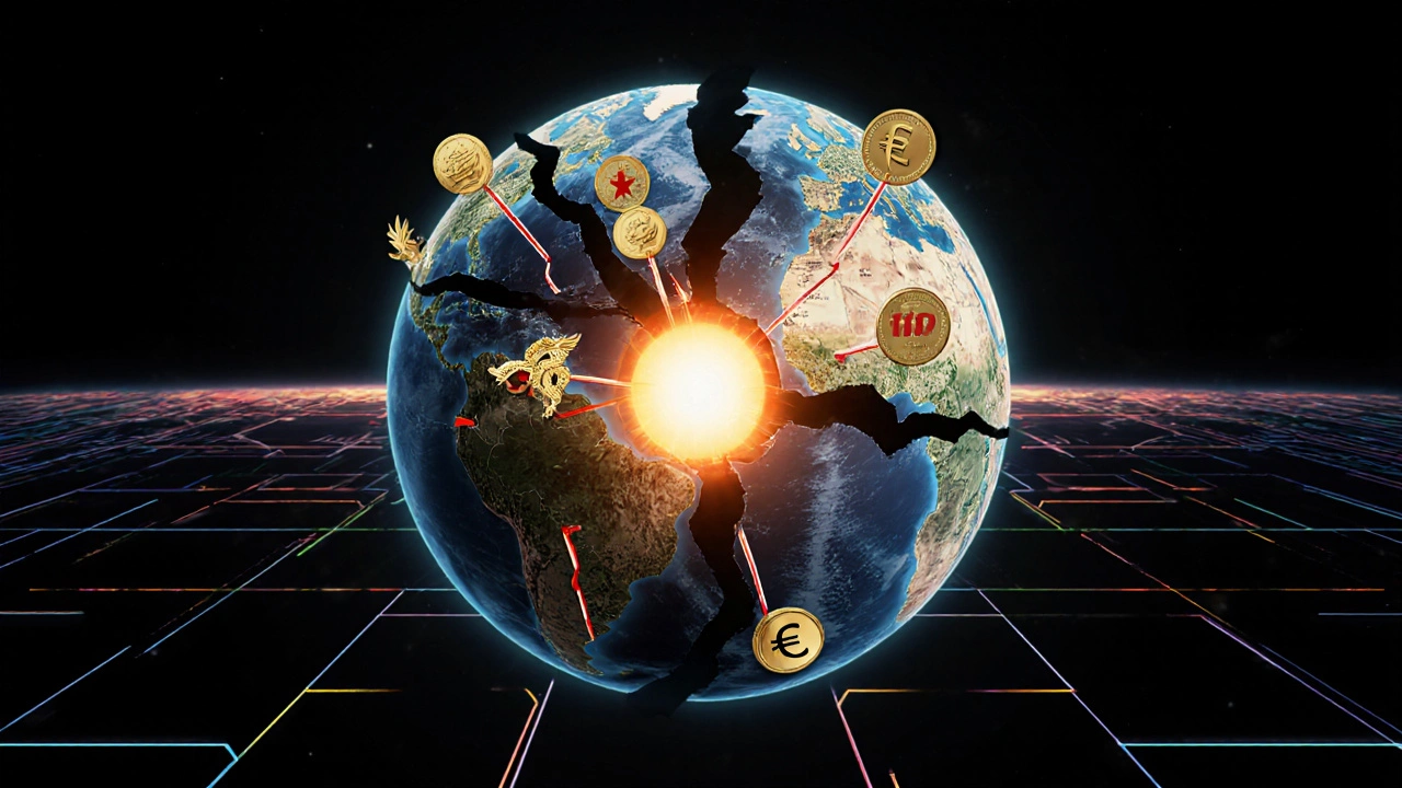 Разбитый доллар, превращающийся в золото, юани и евро, с новыми торговыми маршрутами между Россией, Китаем и Европой.