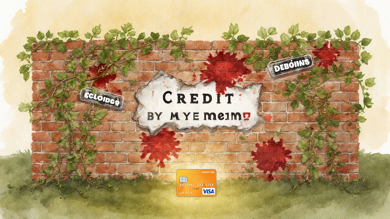 Разрушающаяся стена с просрочками, покрывающаяся зелеными лозами новых платежей.