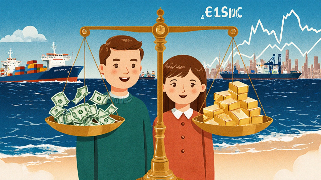 Российская семья у весов: с одной стороны — доллары, с другой — рубли, евро и золото, на фоне торговых кораблей.