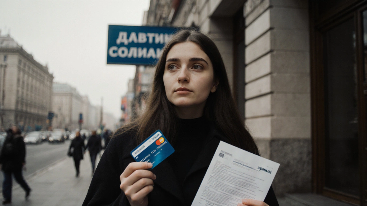 Российская женщина с дебетовой и кредитной картой у банка в Москве