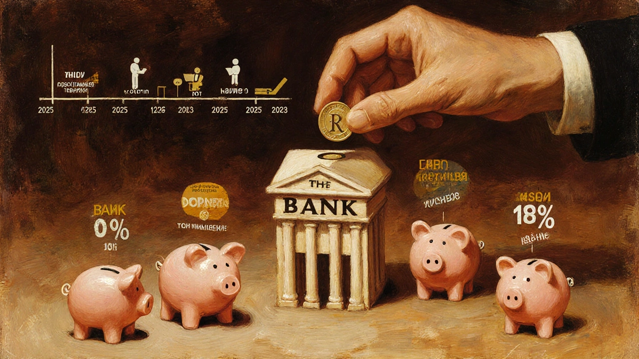 Рука кладёт монету в копилку-банк, вокруг — семь копилок с разными процентами.