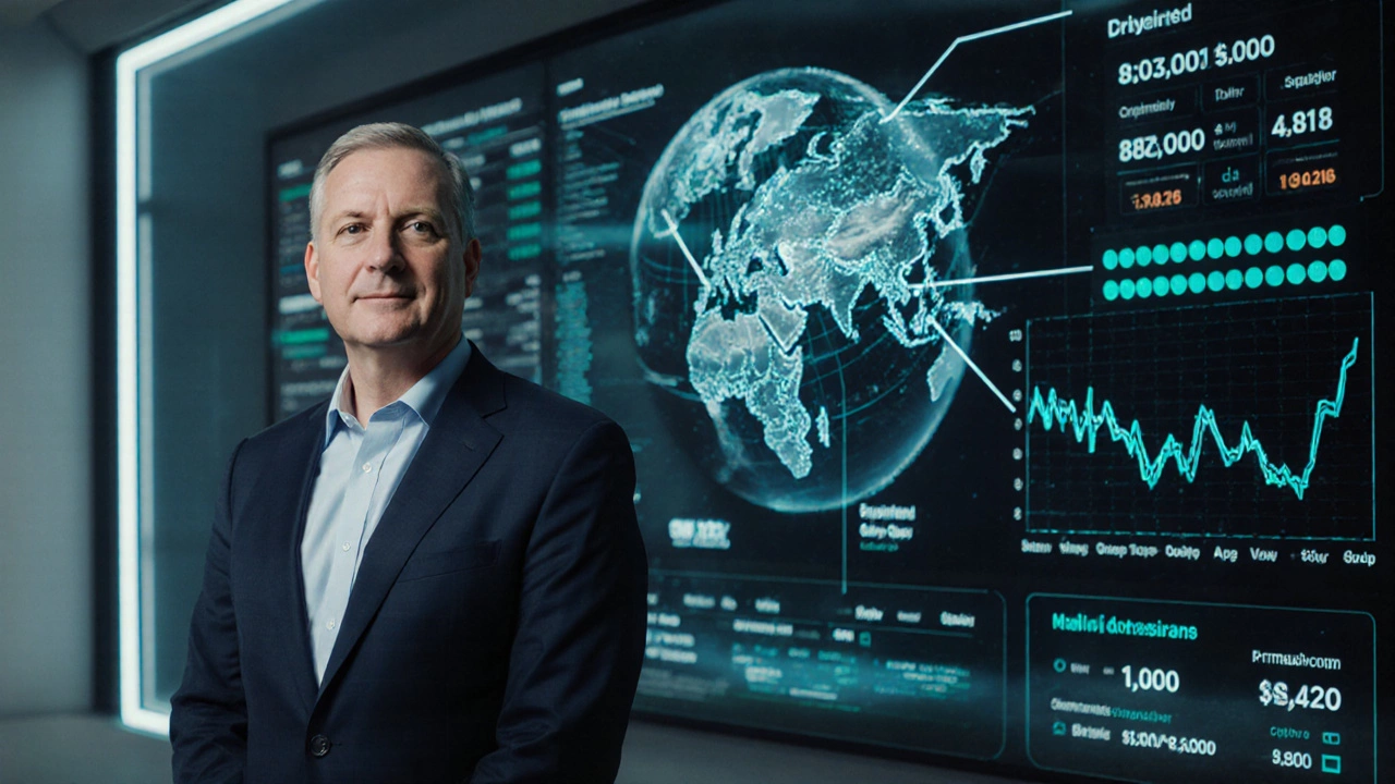 Руководитель US Bank Андре Сесер анализирует глобальные финансовые потоки на цифровом экране в современном офисе.