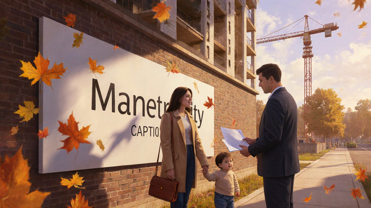 Семья перед новым домом, отец получает документы от банка, мать держит ребёнка за руку.