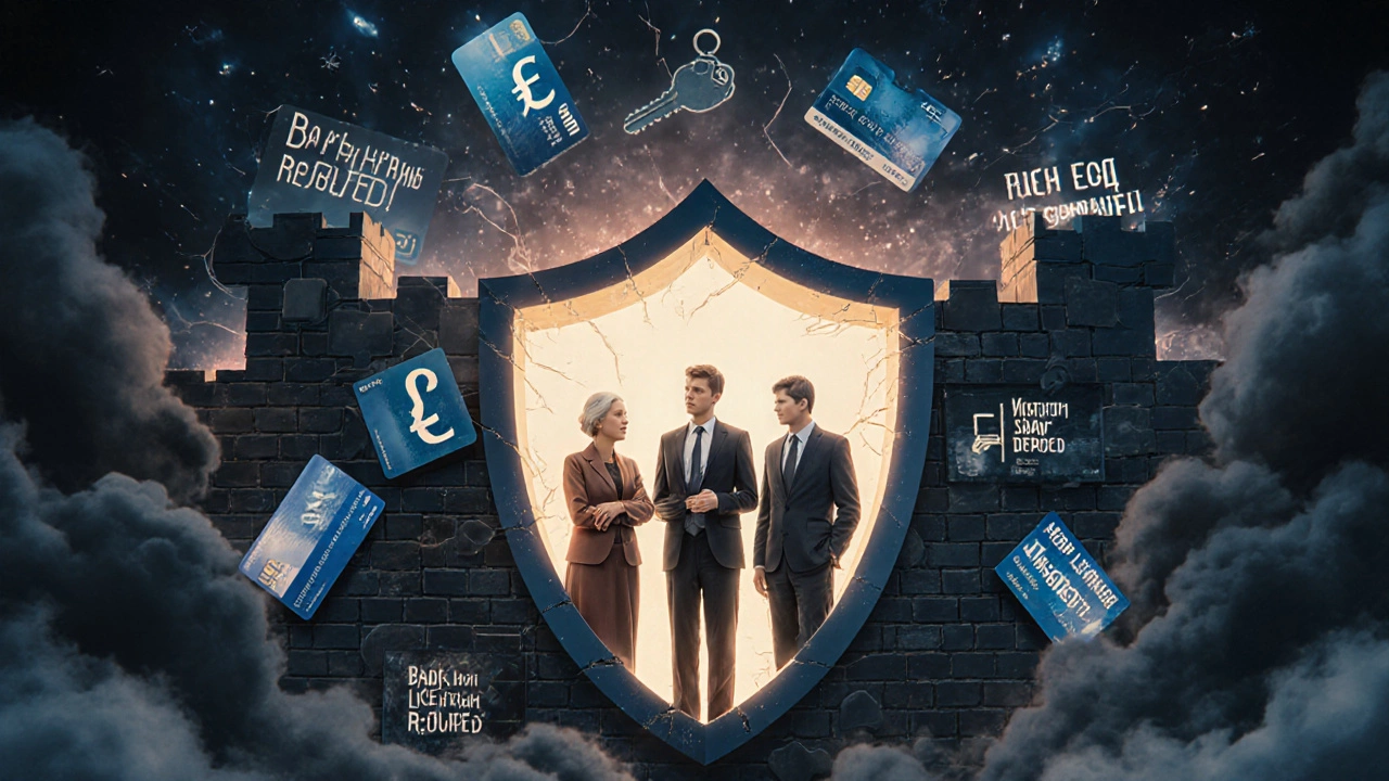 Щит из финансовых символов защищает трёх людей от финансовых мошенничеств.