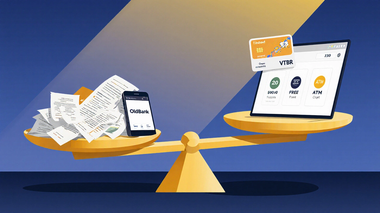 Сравнение двух финансовых стилей: дорогие комиссии и хаос против бесплатных операций и цифровой простоты.