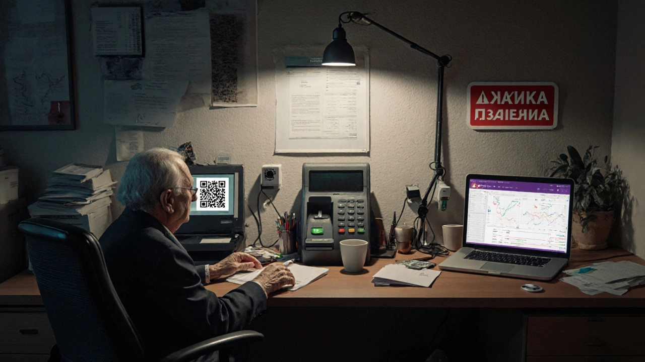 Три способа оплаты: терминал, QR-код и криптовалюта на одном столе.