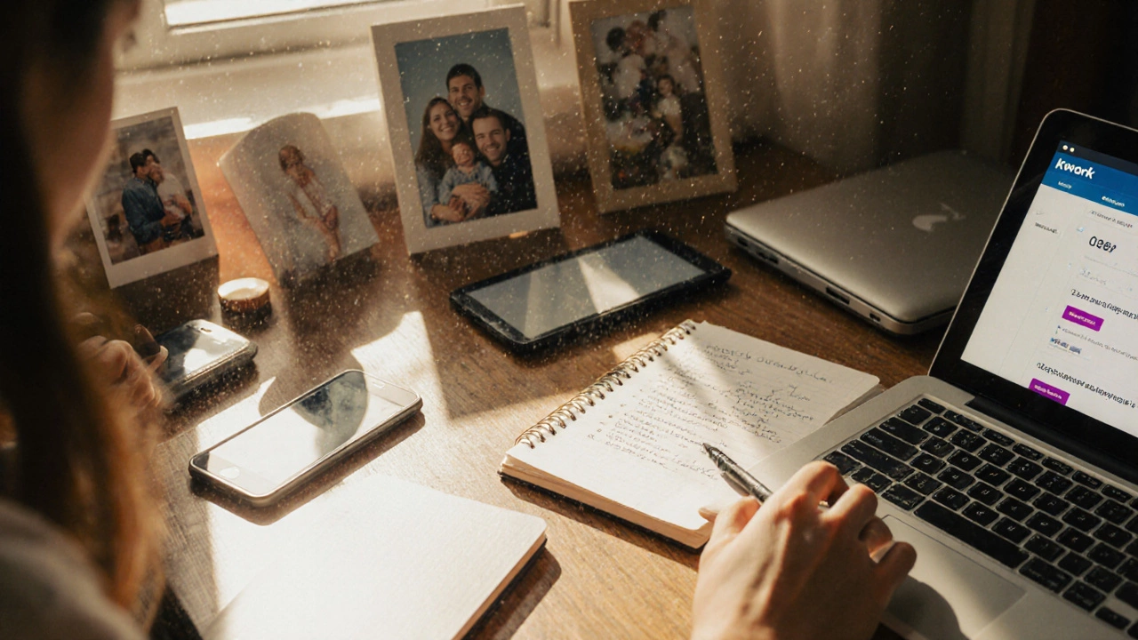 Упаковка старых гаджетов на столе, рядом ноутбук с предложениями фриланса и семейные фото.