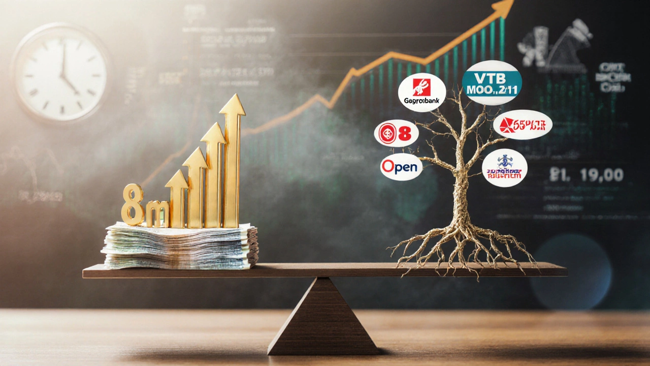 Весы с вкладом и деревом из банков, символизирующие диверсификацию и рост.