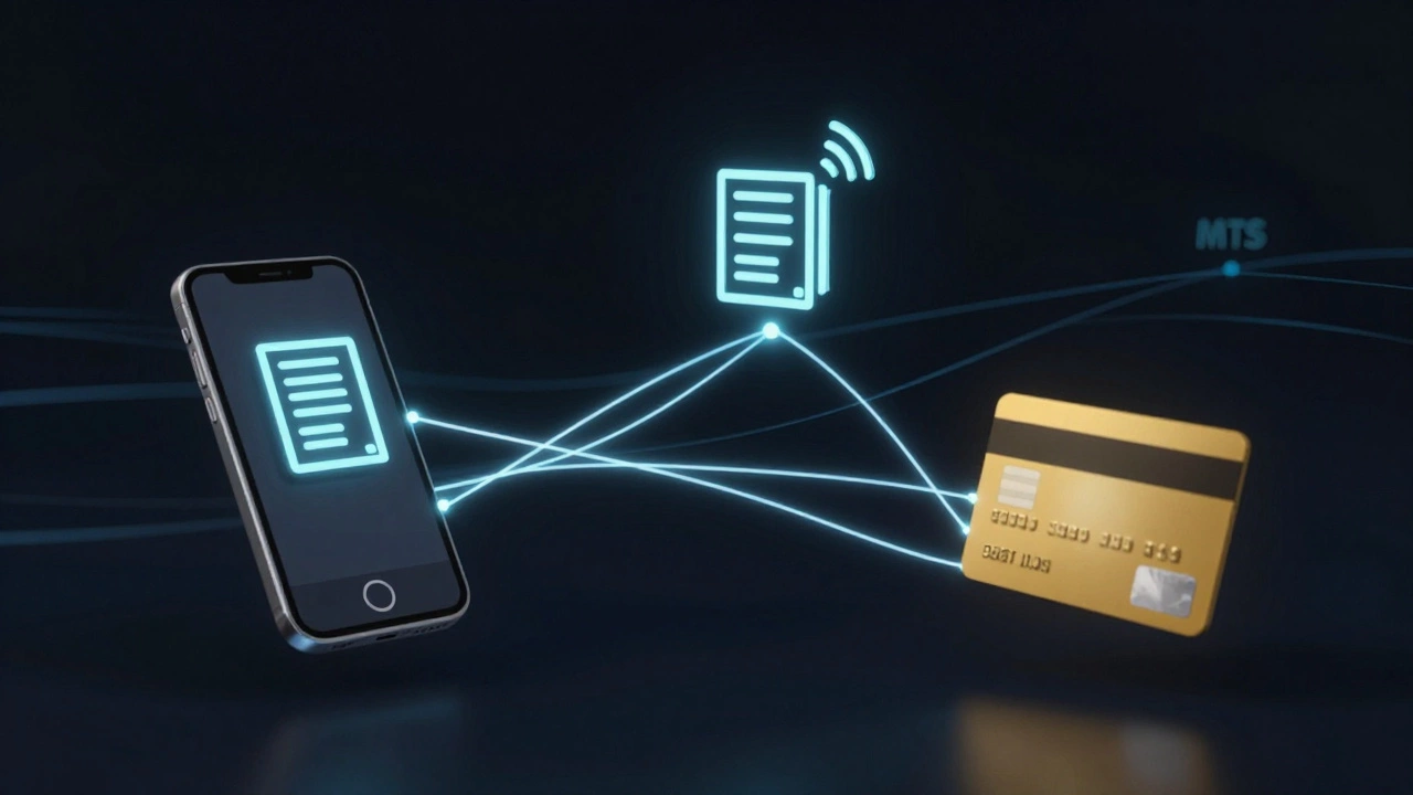 Абстрактная схема: мобильный телефон, счета и сеть МТС соединены светящимися линиями с кредитной картой.