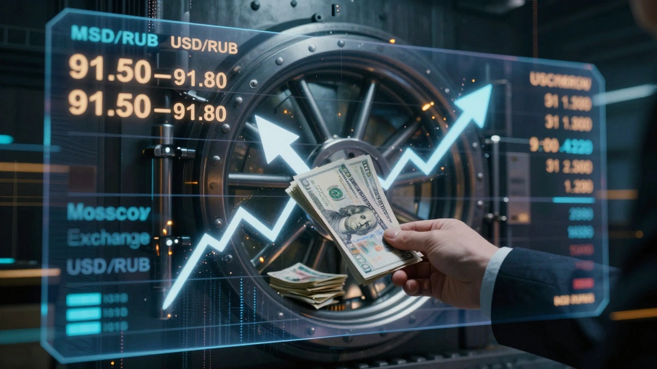 Цифровая схема курса доллара на бирже с потоками спроса и предложения, перекрывающая банковский сейф.