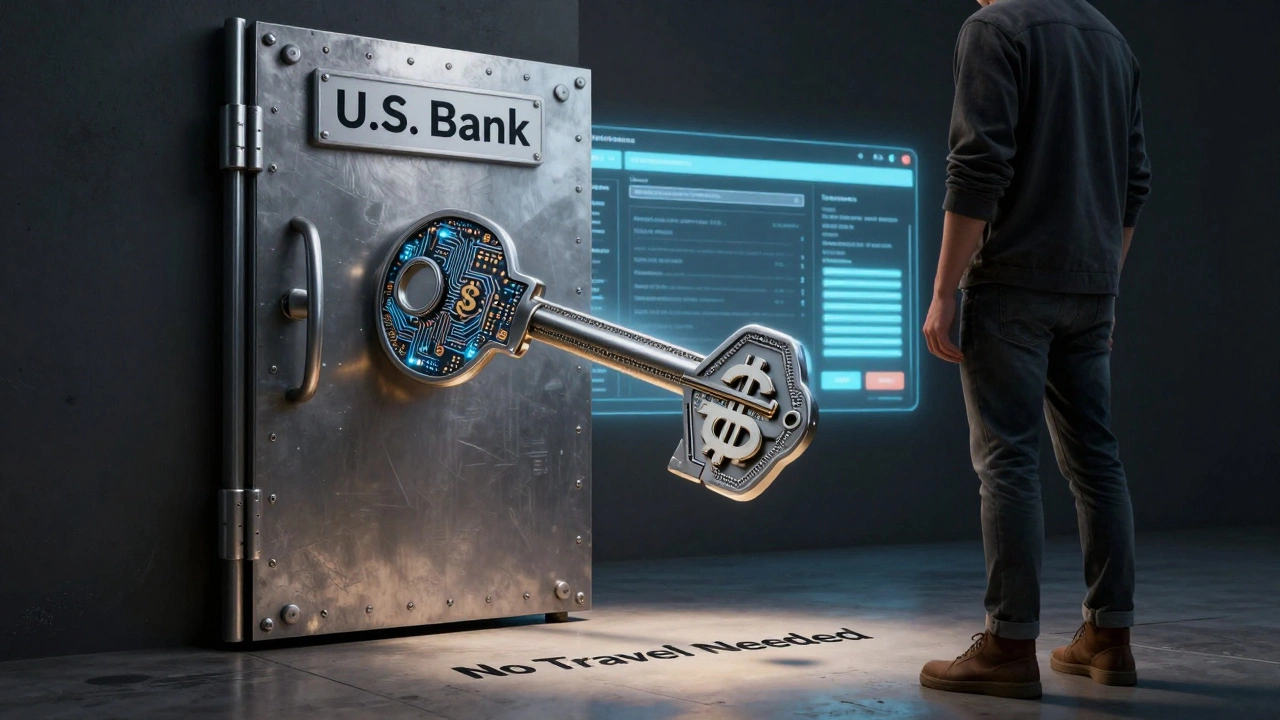 Цифровой ключ, открывающий дверь в американский банк без поездки — символ онлайн-открытия счета для иностранцев.