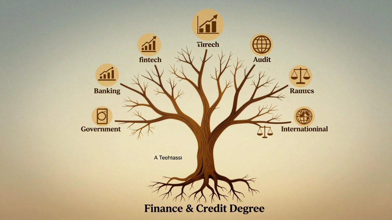Дерево карьеры, растущее из диплома по финансам, с ветвями в разных сферах.