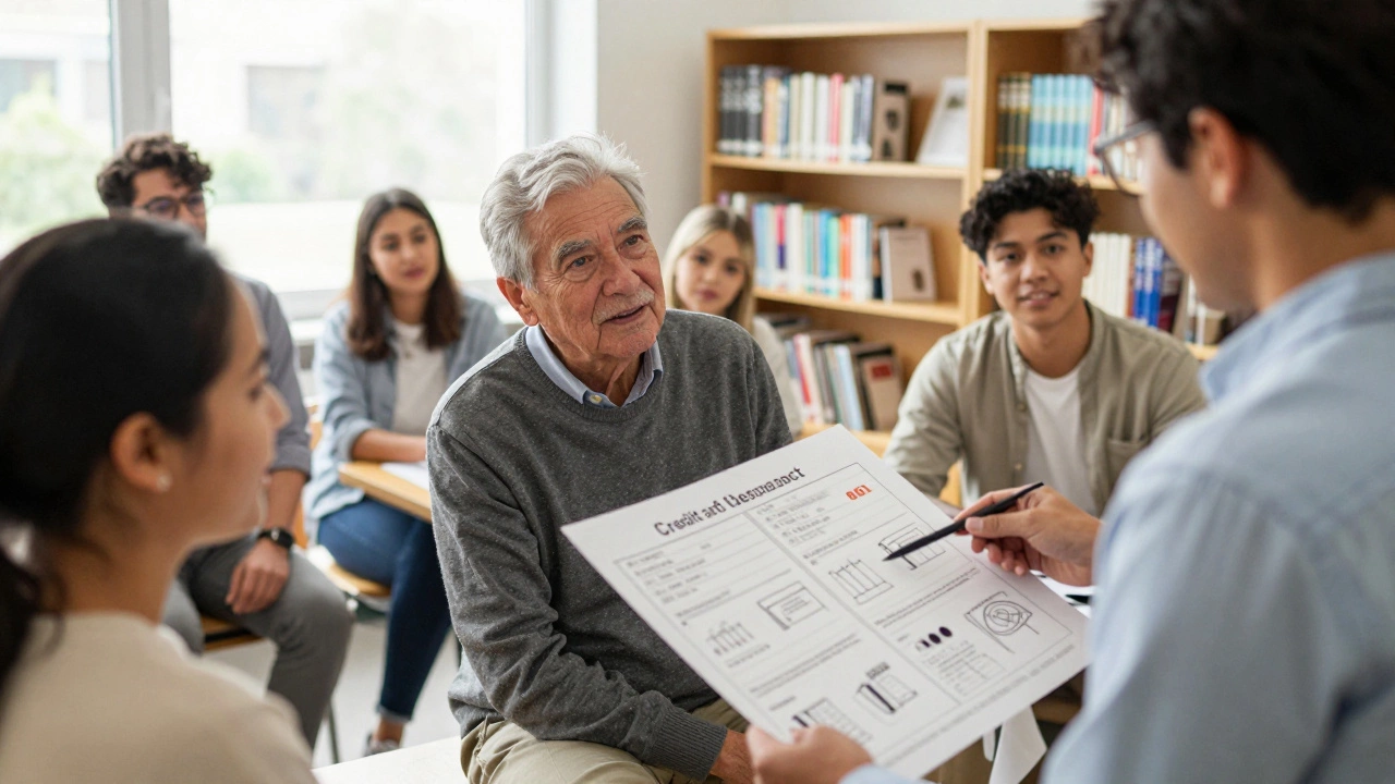 Группа людей учится читать финансовые документы с помощью визуальных подсказок в библиотеке.