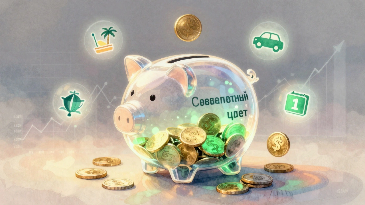 Копилка сберегательного счета с растущими монетами и целями.