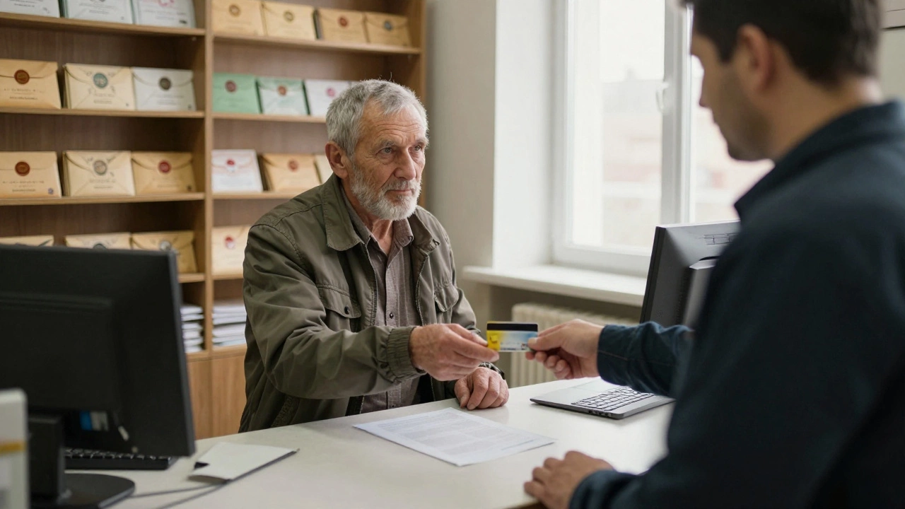 Мужчина получает кредитную карту в почтовом отделении, на фоне конверты с пенсией и переводами.