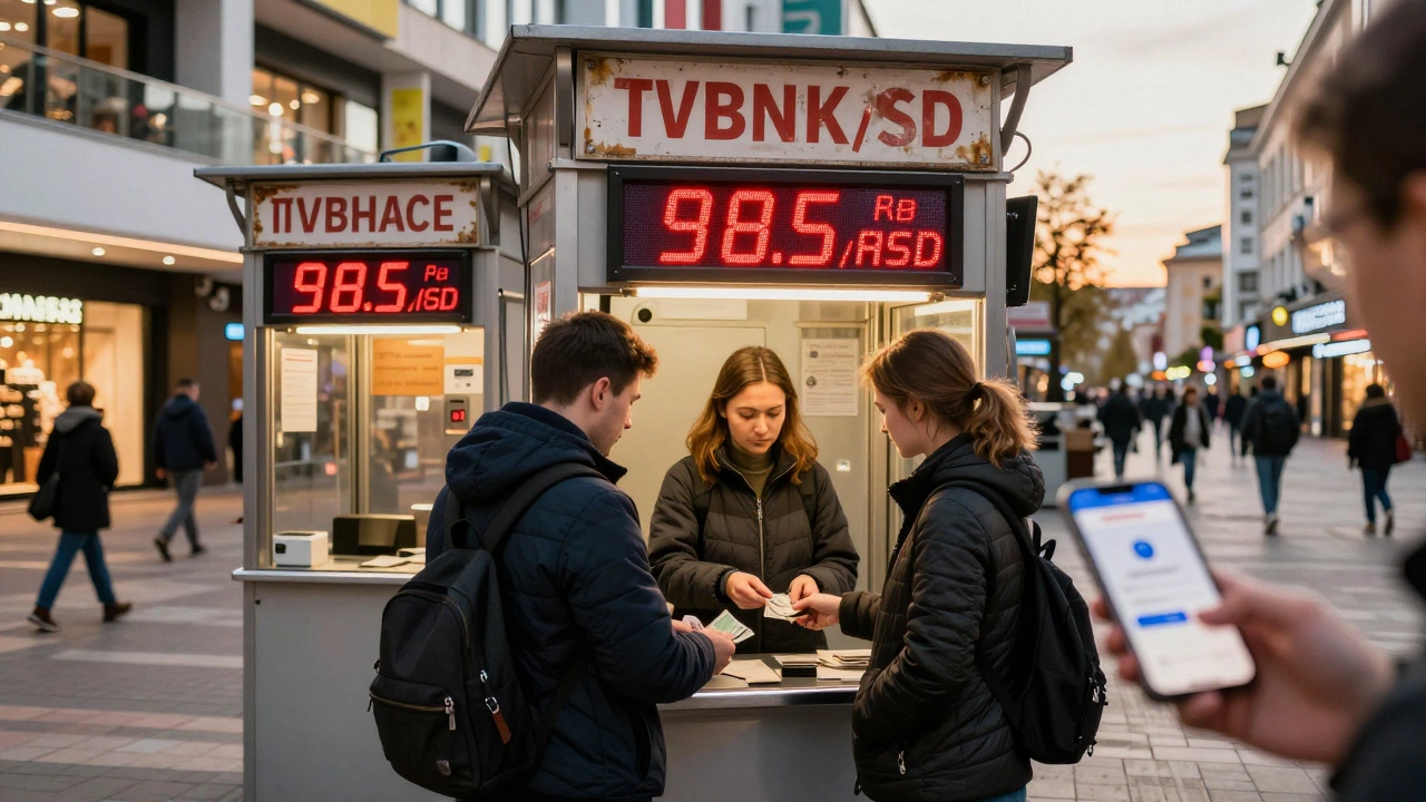Обменник в центре Новосибирска показывает выгодный курс доллара, клиенты обменивают деньги.