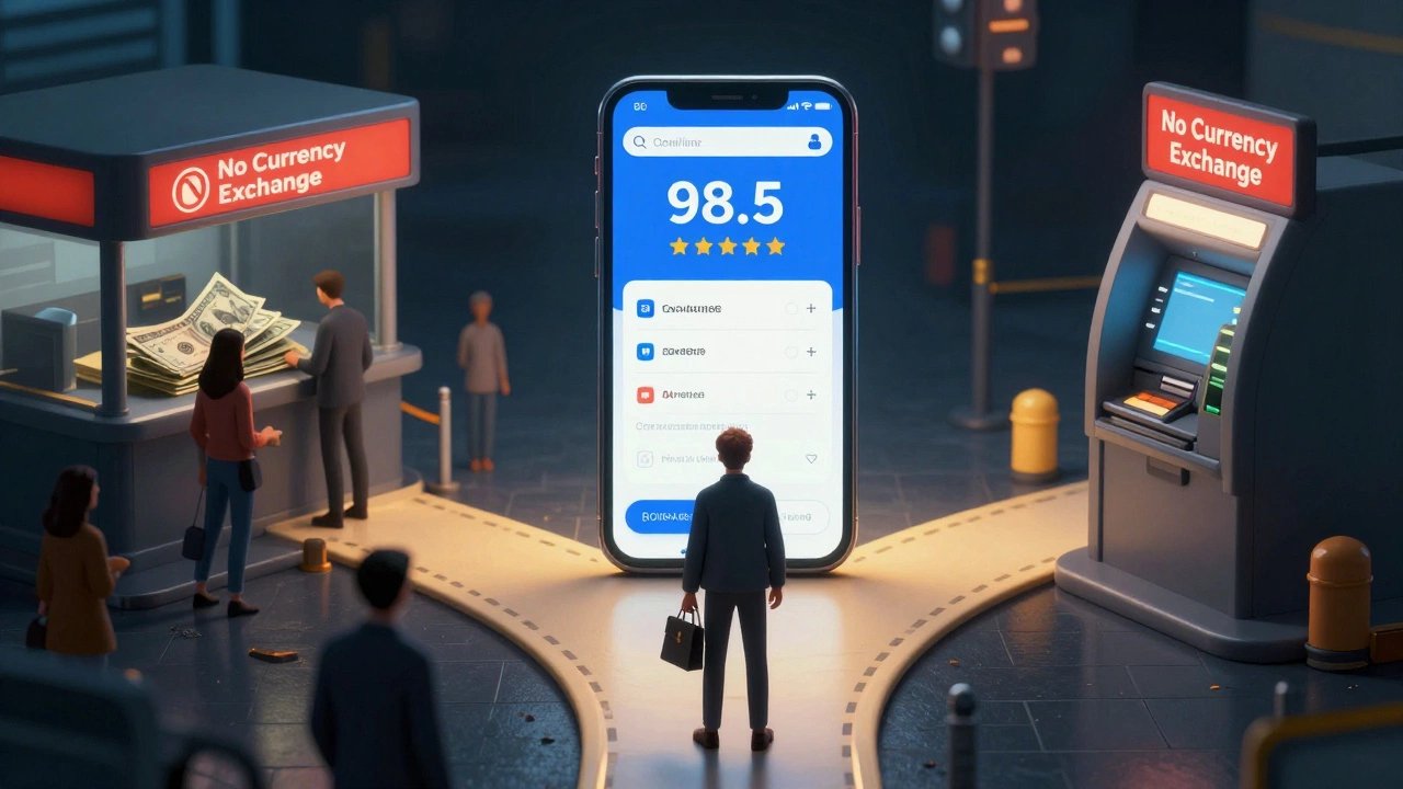 Символический путь: аэропорт, онлайн-обмен и банкомат — выбор выгодного обмена валюты.