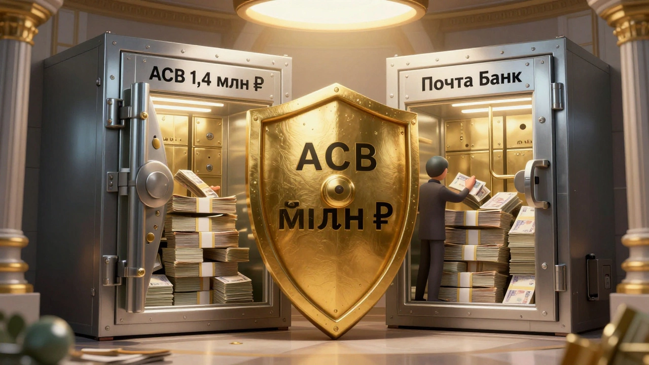 Щит с надписью 'АСВ 1,4 млн ₽' защищает два банка, в которые положены деньги, символизируя страховку вкладов.