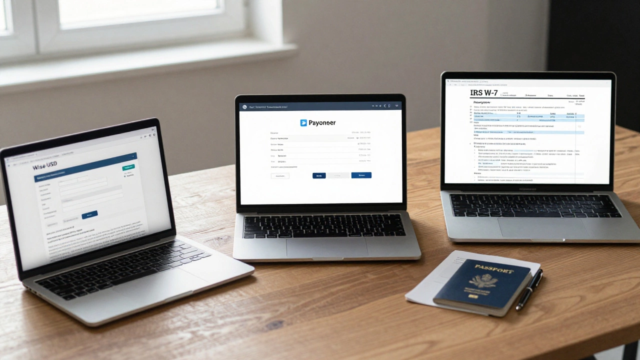 Три ноутбука с финансовыми сервисами и документами на столе без людей
