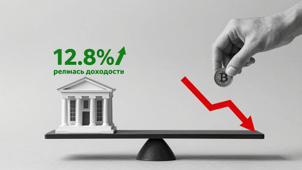 Весы: с одной стороны — стабильный банк с ростом дохода, с другой — хаотичный рынок акций и криптовалют.