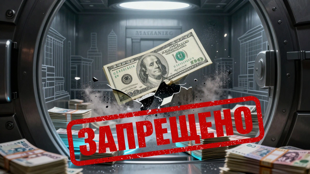 Американский доллар разрушается в российском банке, рядом — стопки рублей и красная надпись «ЗАПРЕЩЕНО».