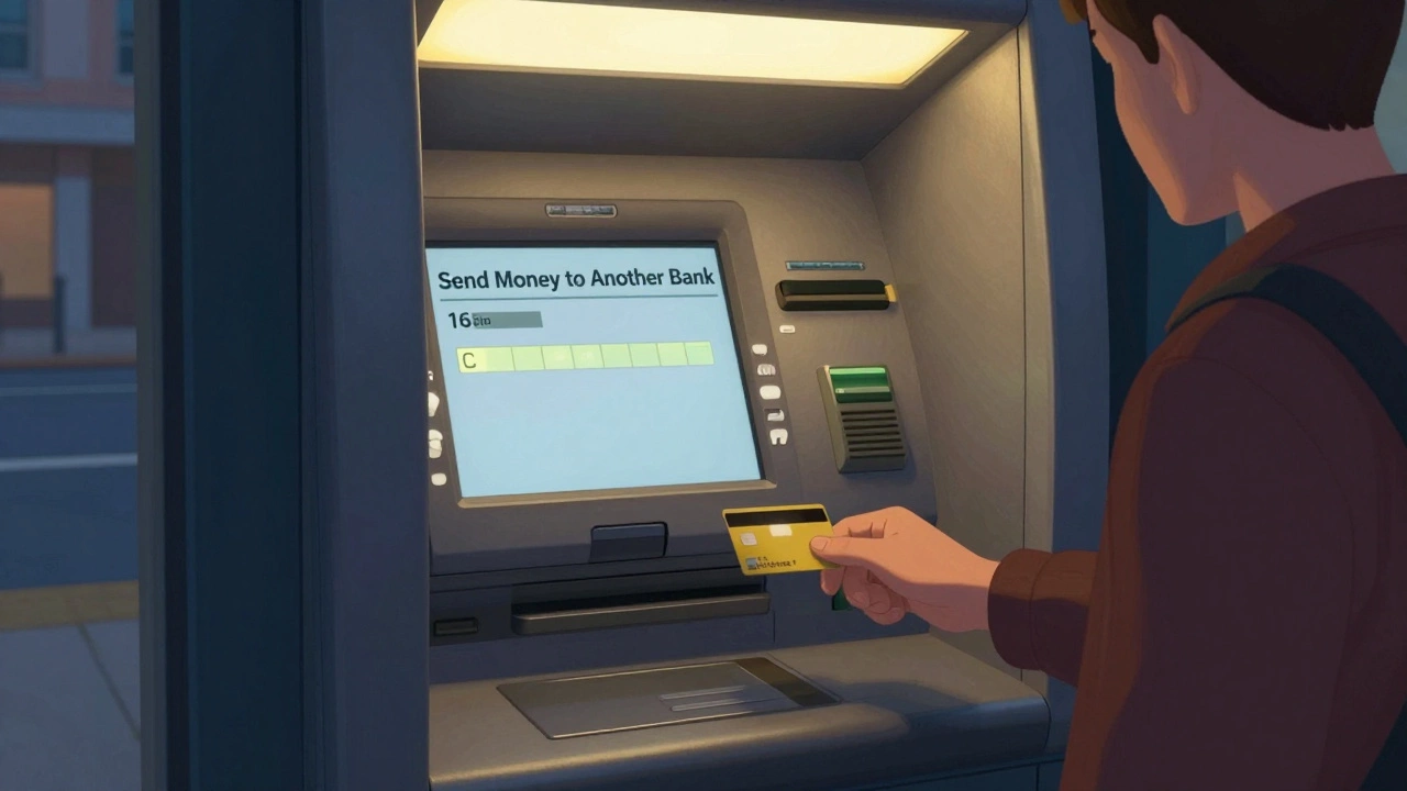 Человек использует банкомат для перевода денег на карту другого банка