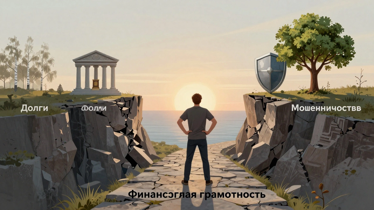 Человек на пути к финансовой стабильности, позади — пропасти долгов, впереди — защита и рост.