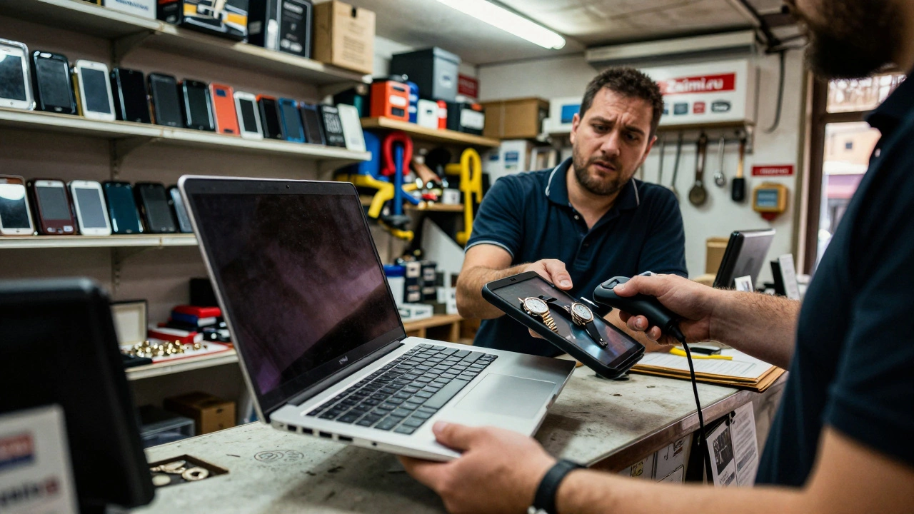 Человек передаёт ноутбук и часы в ломбард для получения срочных денег.