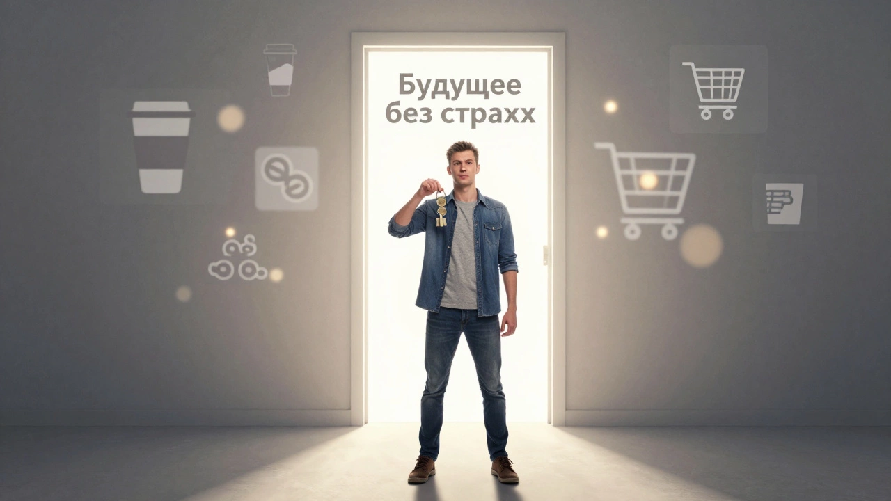 Человек стоит перед дверью будущего без страха, держа ключ из монет, за спиной — следы импульсивных покупок.